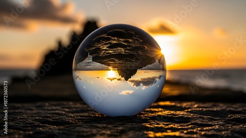 Crystal ball on beach capturing inverted sunset scene