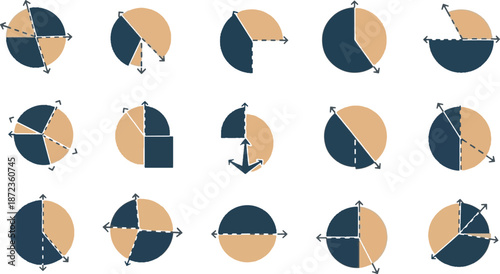 Data segmentation and pie chart icon set, flat vector symbols of circular diagrams, financial distribution and infographic analytics