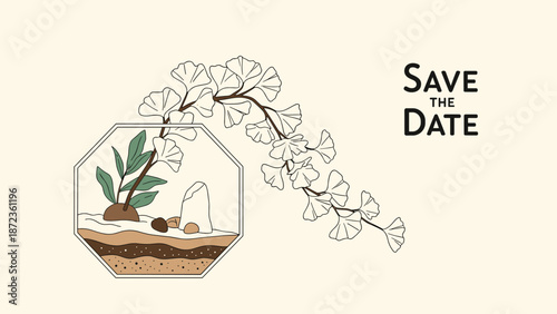 Artistic save the date card design featuring a glass terrarium with plants and a delicate trailing branch with ginkgo leaves on a beige background.