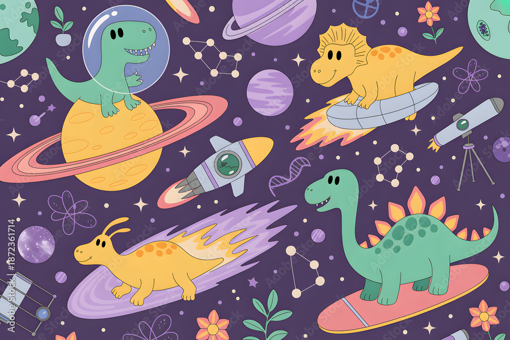 Fototapeta premium Cute hand drawn dinosaur in space seamless pattern with planets comet and telescope for kids