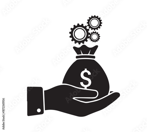 Hand Holding Money Bag with Dollar Sign and Gears Icon – Business Investment, Financial Growth, Profit Management, Wealth Strategy, Income Optimization, Startup Finance, Savings and Economic Success V