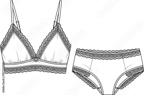 Elegant lace lingerie set with bra and panties delicate feminine underwear fashion line art vector illustration isolated