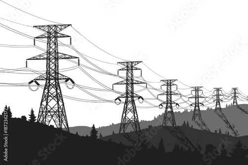 High voltage power transmission towers across hilly landscape with overhead lines, energy infrastructure silhouette vector illustration for renewable electricity network