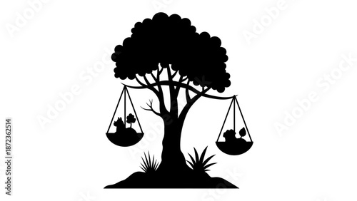 Tree Silhouette with Scales of Justice Hanging.