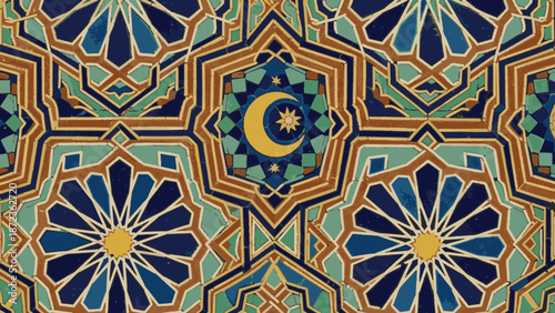 Islamic geometric seamless pattern background with crescent moon and star, traditional Arabic ornament for Ramadan and Eid