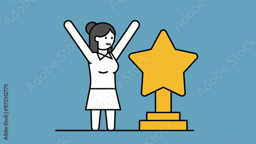 Woman Celebrating with Trophy and Star.