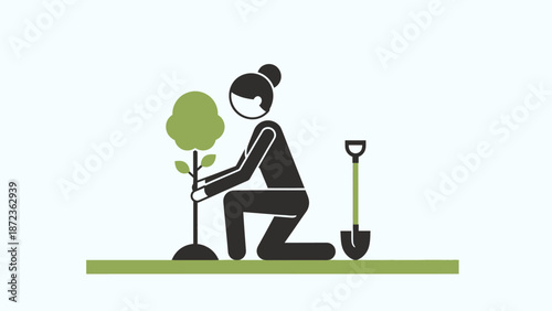 Woman Planting Tree Kneeling with Shovel.