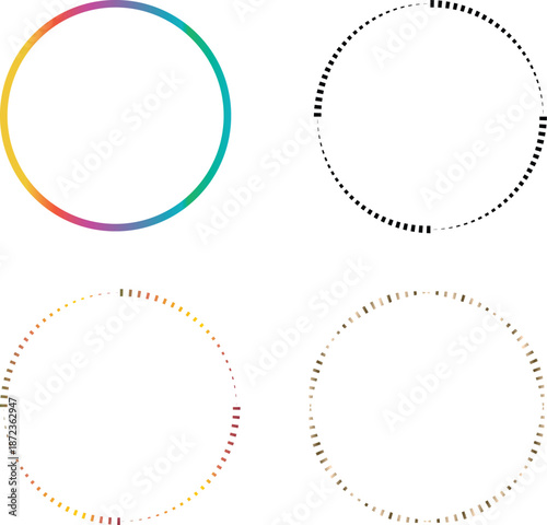Diverse circular progress bars and loading indicators showing various designs and colors. set of round frames with circles