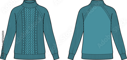 Knitted sweater technical illustration showing front and back views with cable knit pattern long sleeves isolated on white background fashion vector design