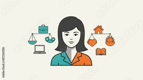 Woman Surrounded by Career and Life Icons.