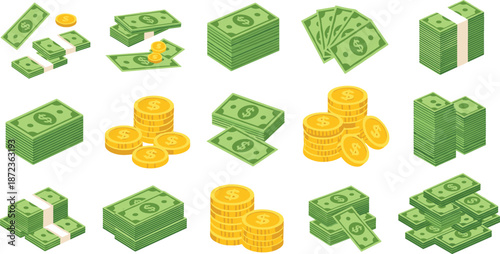 Flat illustration set of money stacks dollar bills and gold coins representing cash wealth finance banking investment and business success concept