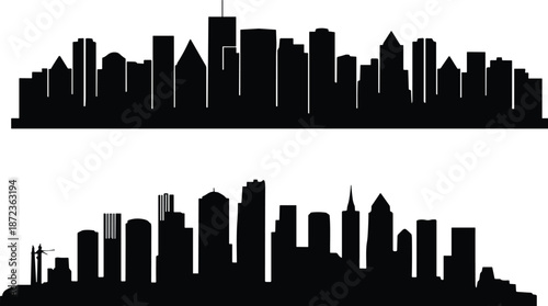 Modern city skyline silhouette set featuring urban skyscrapers and downtown buildings isolated on white background metropolitan vector illustration