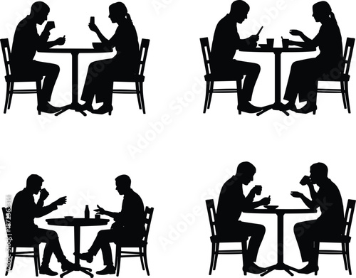 People dining silhouette set showing men and women eating drinking and talking at restaurant tables isolated on white background vector illustration
