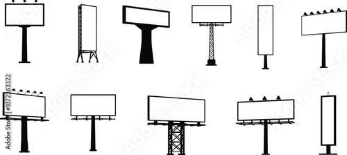 Outdoor billboard silhouette set showing various advertising sign structures and empty display panels isolated on white background vector illustration