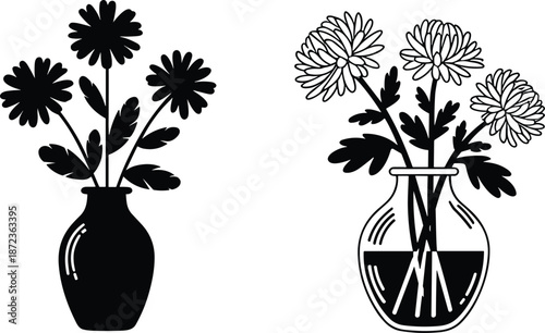 Flower vase silhouette and line art illustration set, black and white floral arrangement vector design, elegant botanical decor artwork isolated on white