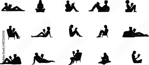 People reading book silhouette set showing men and women relaxing sitting and lying while reading isolated on white background vector illustration