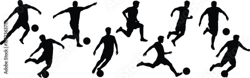 Football player silhouettes vector collection showing dynamic soccer actions with ball, black athletic figures isolated on white background for sports design projects