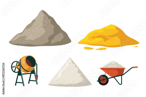 Construction materials including sand, cement, and tools