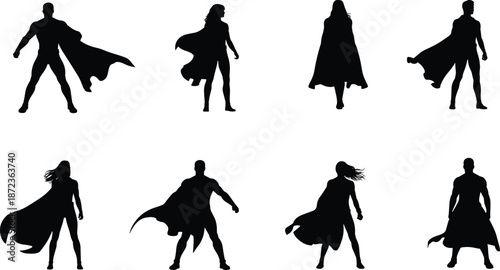 Superhero silhouette set of powerful male and female figures wearing flowing capes isolated on white background vector illustration