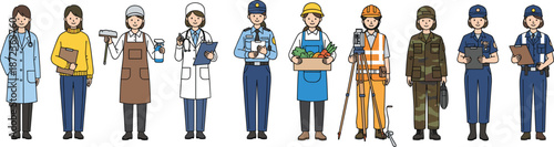 Professional Workers Character Set Showing Different Occupations Including Doctor, Chef, Police Officer, Construction Worker, Soldier, and Service Staff Vector Illustration