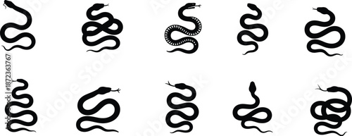 Snake silhouette collection showing various coiled and crawling snake poses isolated on white background wildlife animal vector illustration set