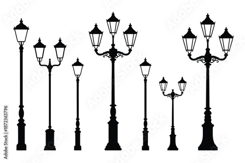 Collection of different types of lamp posts isolated on white background