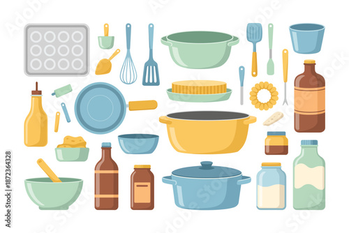 Kitchen utensils and ingredients for cooking