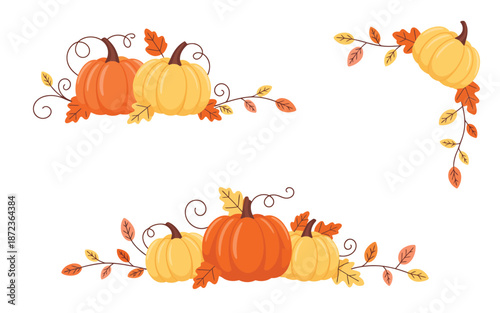 Autumnal pumpkins and leaves illustration on white background