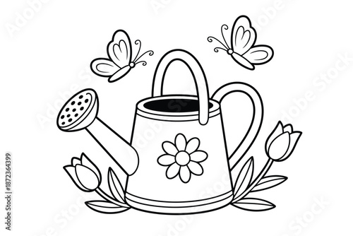 Watering can with flowers and butterflies