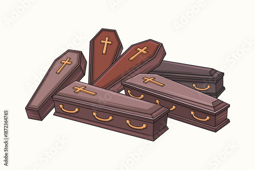 Collection of coffins with crosses on them