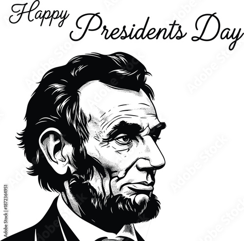 Vintage sketch style portrait of Abraham Lincoln for Happy Presidents Day celebration greeting card design on white background