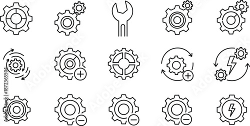 Set of Industrial Line Icons Featuring Gear Wheels, Maintenance Wrenches, Mechanical Engineering Progress, Power Generation Symbols, and Technical Configuration Settings Options