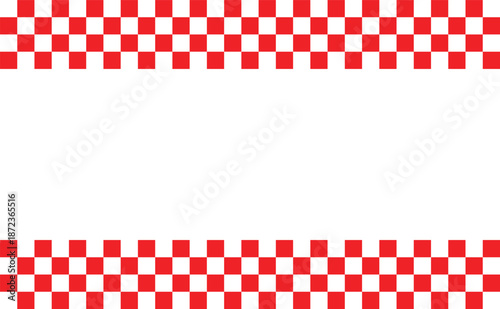 Minimalist red checkered frame border pattern, racing flag squares forming top and bottom edges, geometric motorsport layout for poster design, banner background, social media templates