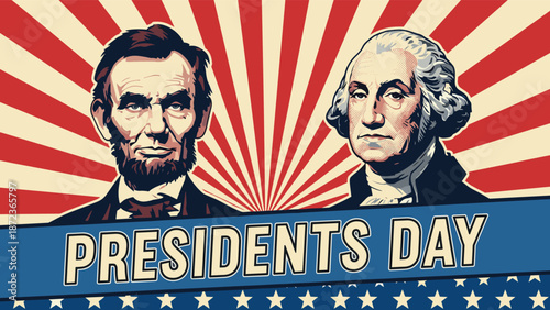 Portraits of Abraham Lincoln and George Washington on a patriotic sunburst background with stars for United States Presidents Day celebration