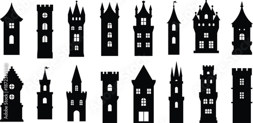 Medieval castle tower silhouette icon set featuring fantasy fortress buildings historic architecture shapes isolated on white background