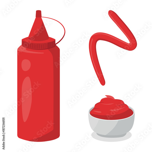 Illustration of a Squeeze Bottle of Ketchup Accompanied by the Sauce Served in a Bowl and a Squiggle. ideal for Food and Fast Food Themes. Flat Design, Vector.