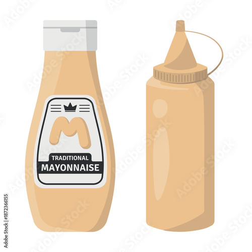 Illustrations of Mayonnaise Packaging, including a Traditional Bottle and a Squeeze Bottle. ideal for Food and Fast Food Themes. Flat Design, Vector.