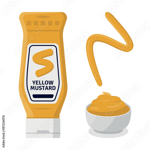 Illustration of a Bottle of Yellow Mustard Accompanied by the Sauce Served in a Bowl and a Squiggle. ideal for Food and Fast Food Themes. Flat Design, Vector.