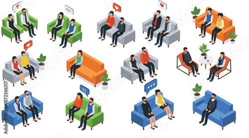 People Communication and Conversation Vector Set Showing Business Meetings, Counseling Sessions, Interviews, and Social Discussions on Sofas and Chairs