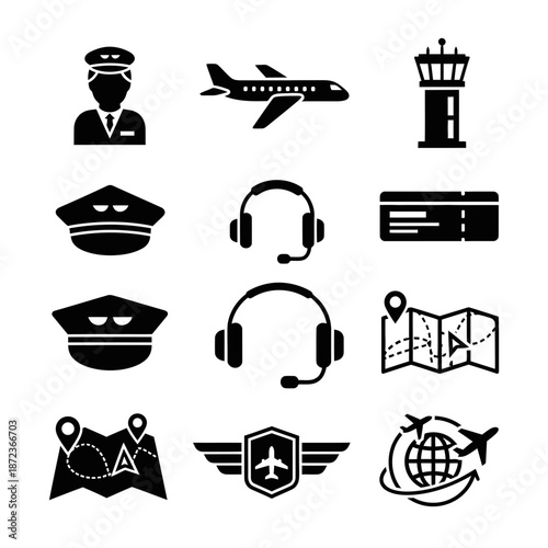 Aviation Travel Icons Set – Pilot, Airplane, Airport, Navigation & Airline Symbols for UI Design