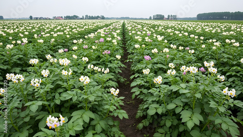 Vast potato field with rows of blooming plants showing agricultural cultivation and fresh produce growth under a cloudy sky