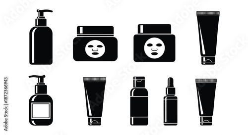Black skincare product icons featuring pump bottles tubes and facial masks