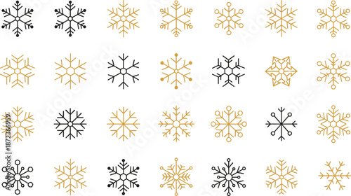Black and gold snowflake icon grid, 25 unique symmetrical winter crystal designs, elegant seasonal vector set
