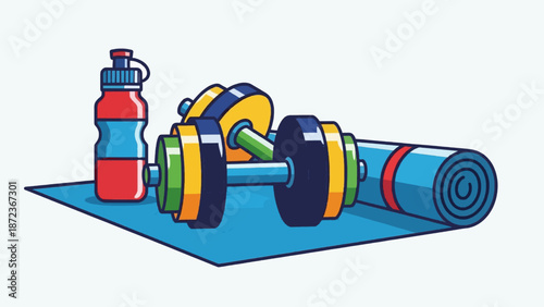 Colorful Fitness Equipment on Blue Mat