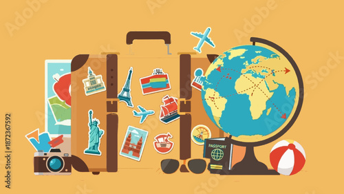 Travel Suitcase Globe Passport and Camera