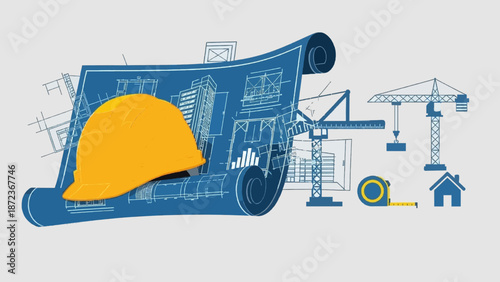 Construction Site Blueprint With Hard Hat