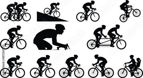 Cyclist silhouette icon set, black vector illustrations of biking styles including racing, tandem, uphill, and family ride
