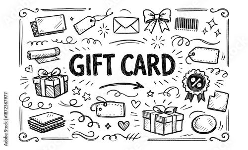 Hand drawn doodle collection of gift card elements and symbols for shopping