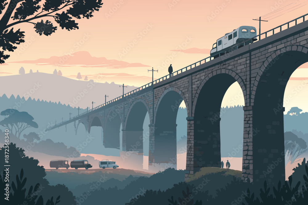 Obraz premium Ancient Stone Bridge Toll Trade Dawn