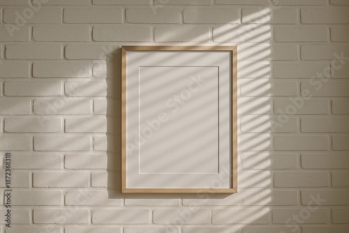 Minimalistic mockup of empty frame on white brick wall with soft natural light.